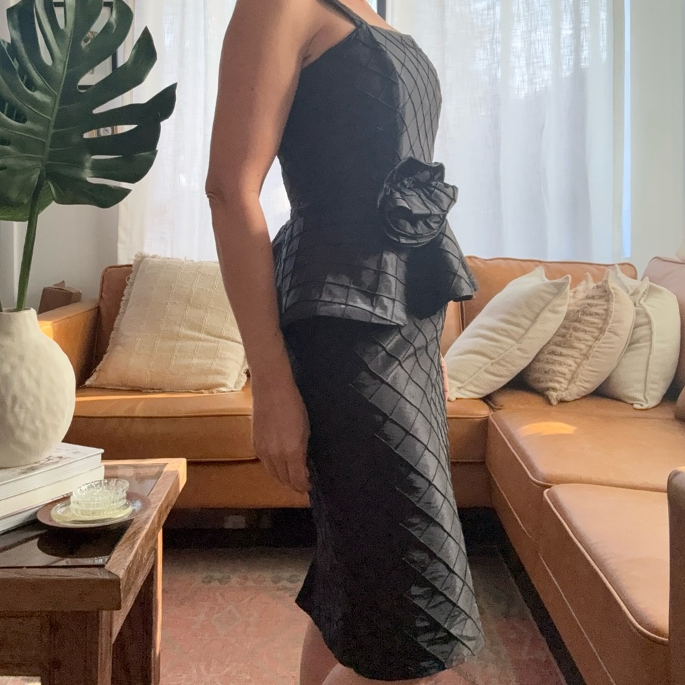 Vintage Black Quilted Peplum Midi Dress with Flower Accent